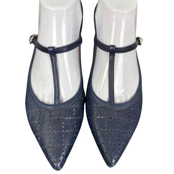 Hispanitas Sling Back Leather Pumps Wood Stacked Heel Navy Blue 38.5 Designer - Picture 2 of 9